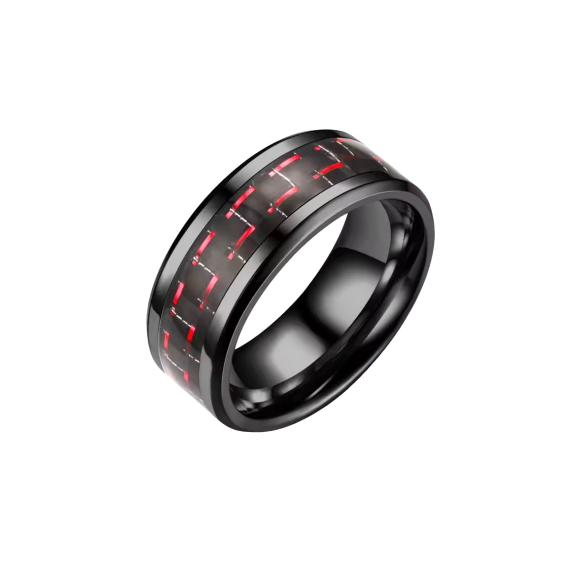 Real Carbon Fibre Ring | Black Stainless Steel With Red Inserts