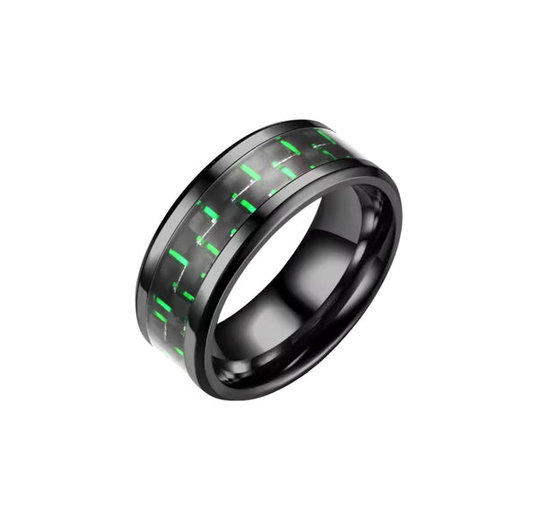 Real Carbon Fibre Ring | Black Stainless Steel With Green Inserts
