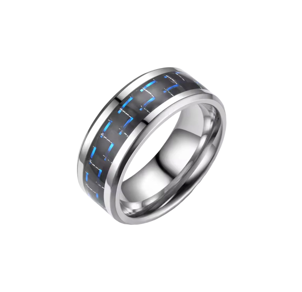 Real Carbon Fibre Ring | Silver Stainless Steel With Blue Inserts